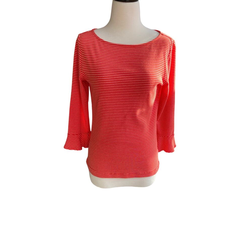 Lauren Coral/White Striped Bell Sleeve Top Size M
